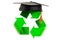 Recycle symbol with graduation cap. Eco education concept. 3D rendering