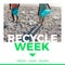 Recycle week text in white and green with diverse couple collecting recycling on beach