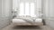 Recycled bed, hanging wooden chaise, scandinavian bedroom, white