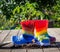 Recycled childrens boots and shoes on garden bench used as plant pots