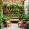 Recycled pallets with hanging plants creating a vertical garden