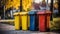 Recycled Plastic Outdoor Dustbins. Colorful plastic bins for different waste types