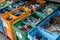 Recycling bin filled with assorted plastic bottles and containers promoting environmental responsibility