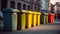 Recycling bins on the sidewalk of a road, city street. Containers with separated garbage. plastic, glass, paper and organic