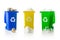 Recycling bins. Yellow green blue dustbin for recycle plastic paper and glass can trash isolated on white background. Container