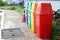 Recycling bins, yellow, red, green, blue for sorting in the dumping of garbage  in Nakhon Sawan Province, Thailand, March 31, 2019