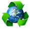 Recycling concept 3d symbol arrows around green planet Earth