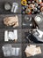 Recycling and ecology concept. Sorting household waste - plastic, paper, metal,electronics, batteries, captured from above, flat