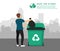 Recycling garbage. A man throws trash into a trash can. Poster Save the Planet