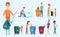 Recycling garbage. People sorting waste protect environment garbage separation process vector characters