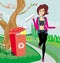 Recycling - girl throws paper into red bin