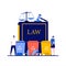 Recycling laws concept with character. Law book with trash cans and house hold waste, judge gavel, scales of justice. Modern flat