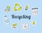 Recycling lettering around icons package blue isolated background with modern flat color cartoon style