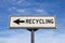 Recycling road sign, arrow on blue sky background