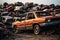 Recycling scene rusting junk cars in a junkyard for environmental awareness