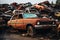 Recycling scene rusting junk cars in a junkyard for environmental awareness