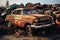 Recycling scene rusting junk cars in a junkyard for environmental awareness