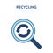 Recycling search icon. Vector illustration of a magnifier tool with recycling symbol inside. Represents concept of