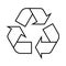 Recycling sign on a white background. White arrows with a black outline move in a circle.