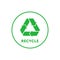 Recycling simple green round sticker with Mobius strip, band or loop. Design element for packaging design and