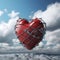 A red 3D heart entwined with a metal chain on a background of clouds