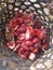 Red achiote fruits and plant in the brown basket