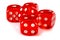 Red acrylic transparent dice for games. Five gambling translucent dices on white background, macro close-up high resolution