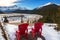 Red Adirondack Chairs Howse River Flats Viewpoint Snowy Mountain Peaks Banff National Park Winter Canada