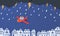 Red airplane flying in the storm over houses in the paper cut style. Rain thunder lightning clouds and city buildings