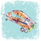 Red airplane with yellow propeller, funny, hand drawn, color penÑil. illustration