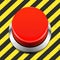 Red alert button on a black and yellow striped background. Important button, vector illustration.