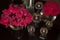 Red amaryllis, red roses, golden illuminated balls, dark background. Festive romantic arrangement for advent and Christmas.