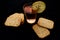 Red aperitif drink with lemon slice and salty crackers