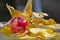 Red apple and autumn leaves. Golden autumn in still life. Season autumn concept. Fall with golden leafs and apple.