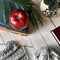 A red apple on books on a gray background next to a flower pot and knitting