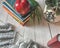 A red apple on books on a gray background next to a flower pot and knitting