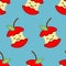 Red apple core cute cartoon pattern. rest of fruit on background