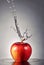 red apple falling into water with splashes and drops on gray background