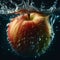 red apple forming a crown of water when falling from above into a source of crystalline and pure water.