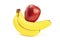 Red apple lies on bananas, white background, isolate