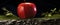 A red apple sitting on a mossy rock, AI