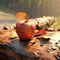 a red apple sitting on top of a piece of wood