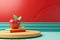 A red apple on textbooks on red background and a wooden board. 3D rendering, product presentation, podium. School