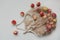 Red apples in a eco mesh shopping bag on a white background. Zero waste, no plastic. Autumn flatlay