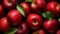 Red apples with green leafs on black background. Apples with droplets of water. For advertising. Photo AI generated