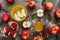 Red apples, pomegranate and honey. New Year - Rosh Hashana. Traditional Jewish food. Top view, overhead, flat lay