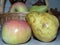 Red apples and yellow pears in a wicker basket. Autumn harvest. Natural and environmentally friendly fruits.