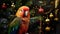 Red ara parrot, Scarlet Macaw parrot near Christmas tree. Christmas holidays for feathery companion