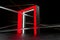 Red Arch With Neon Lamps Near Metallic Lines On Glossy Base. Contemporary Gallery Of Modern Art. 3d rendering.