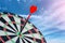 Red arrow Dart hitting the center of dartboard